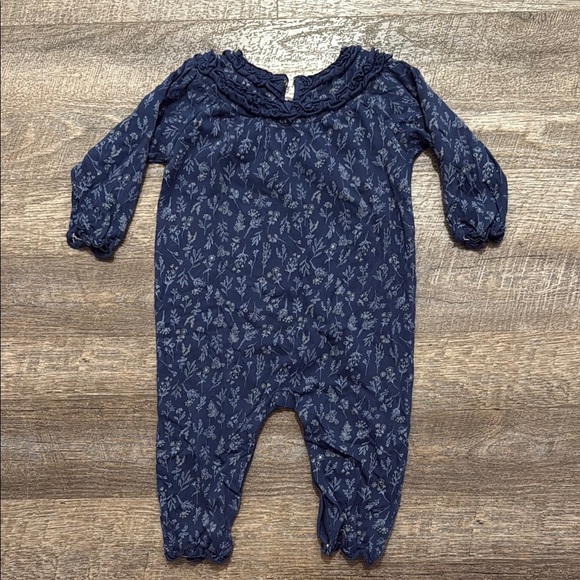 Feather Baby 100% Pima Cotton Long Sleeve Ruffled Floral Romper in Midnight Blue - Picture 3 of 9
